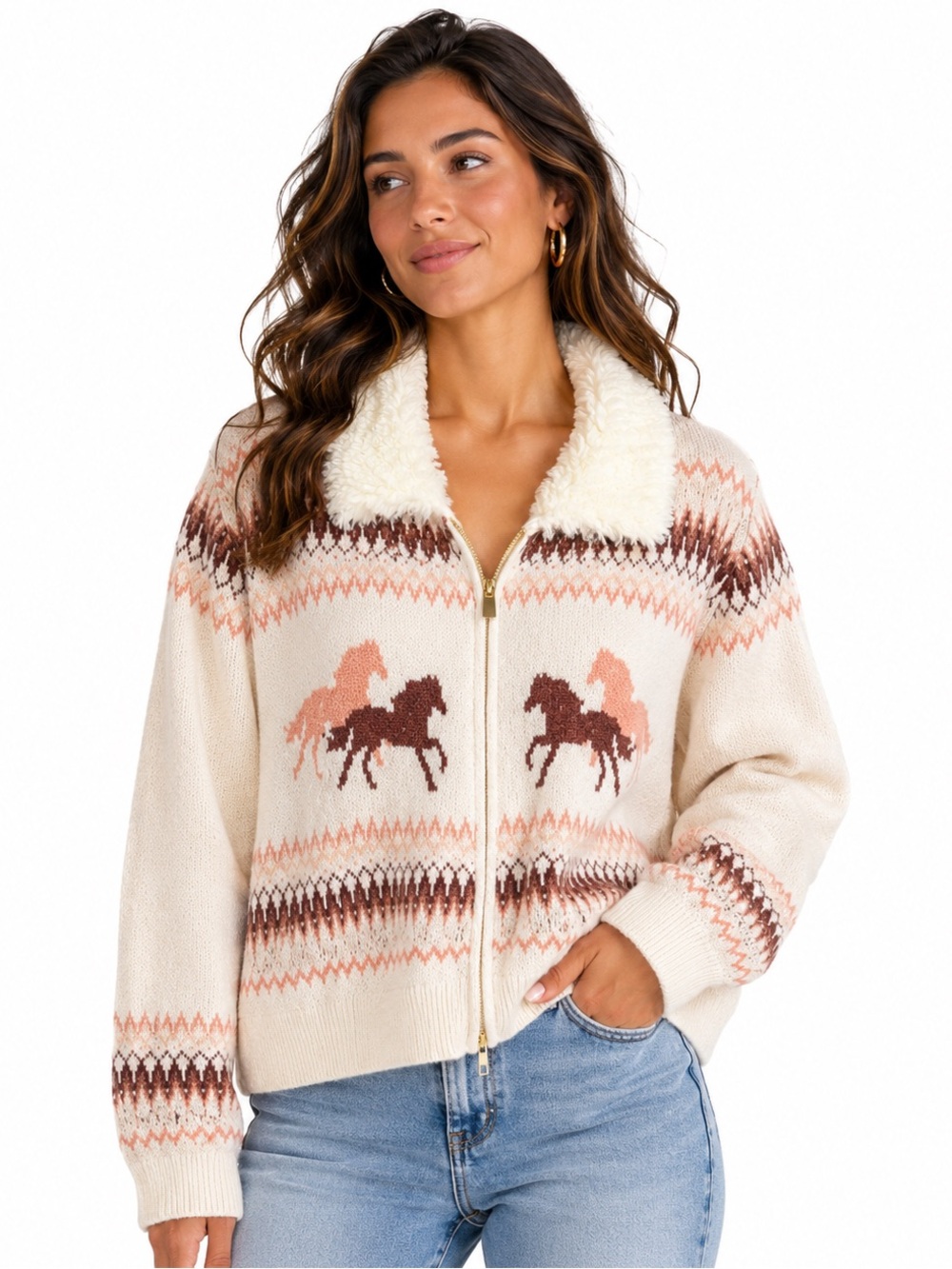 960.New Sherpa Collar Zip-Up Horse Fair Isle Cardigan - Cream/Brown/Pink